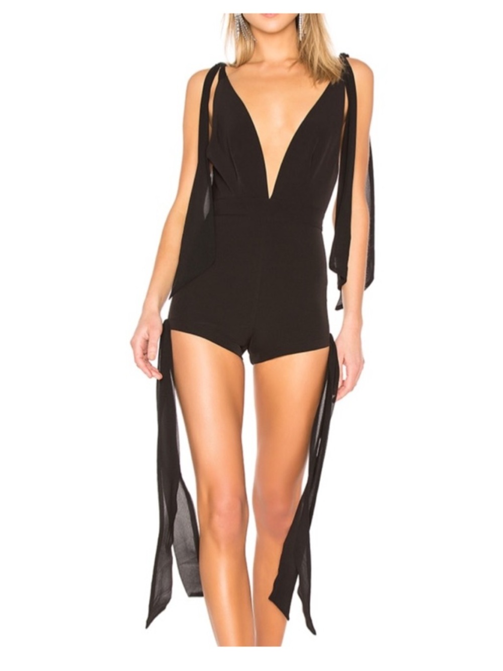Michael Costello x Revolve Minx Sexy Black Plunging Neckline Romper worn 1x